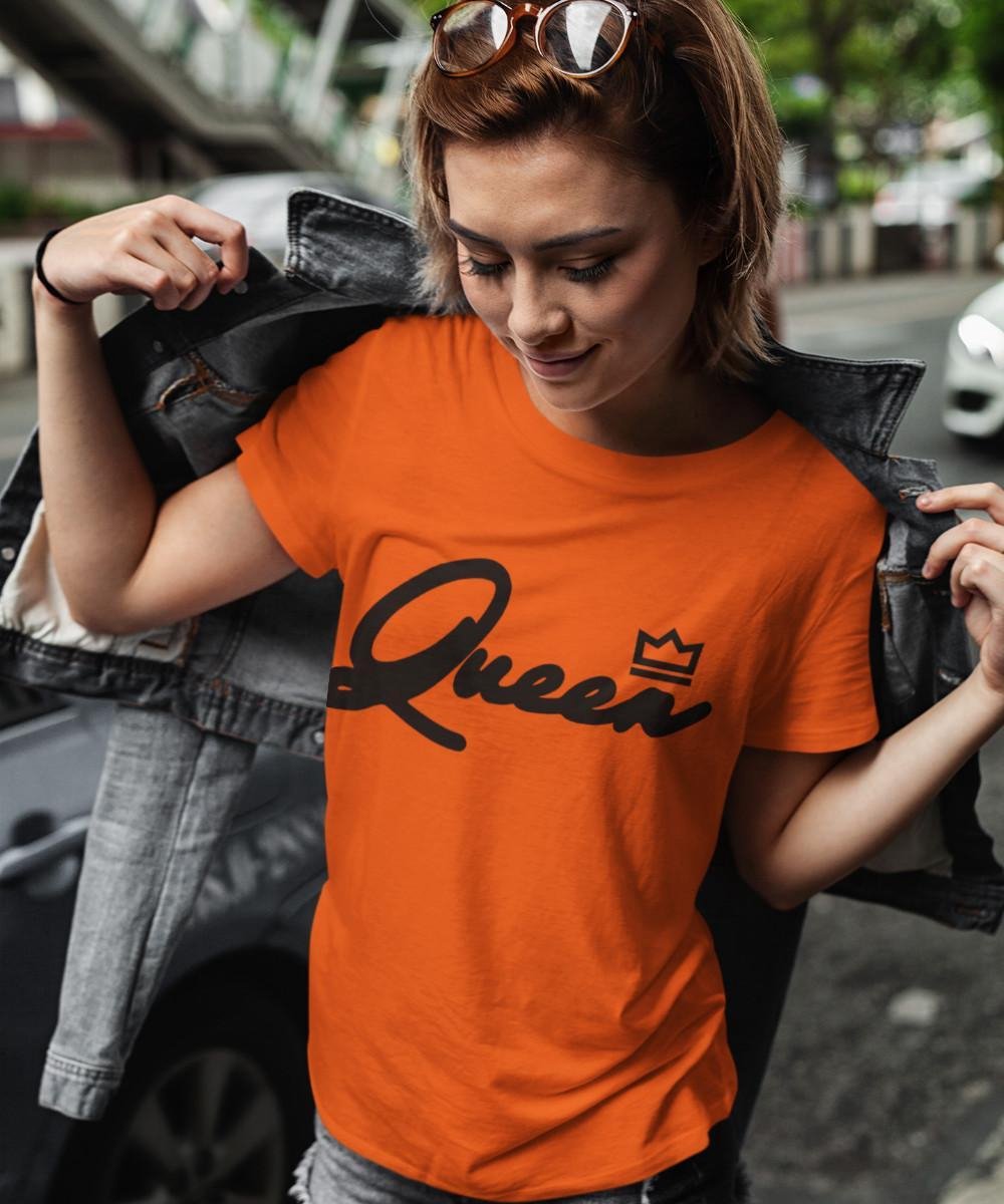 Oranje Koningsdag T-Shirt King Queen Crown (DAMES - MAAT XS) | Oranje Kleding | Feestkleding